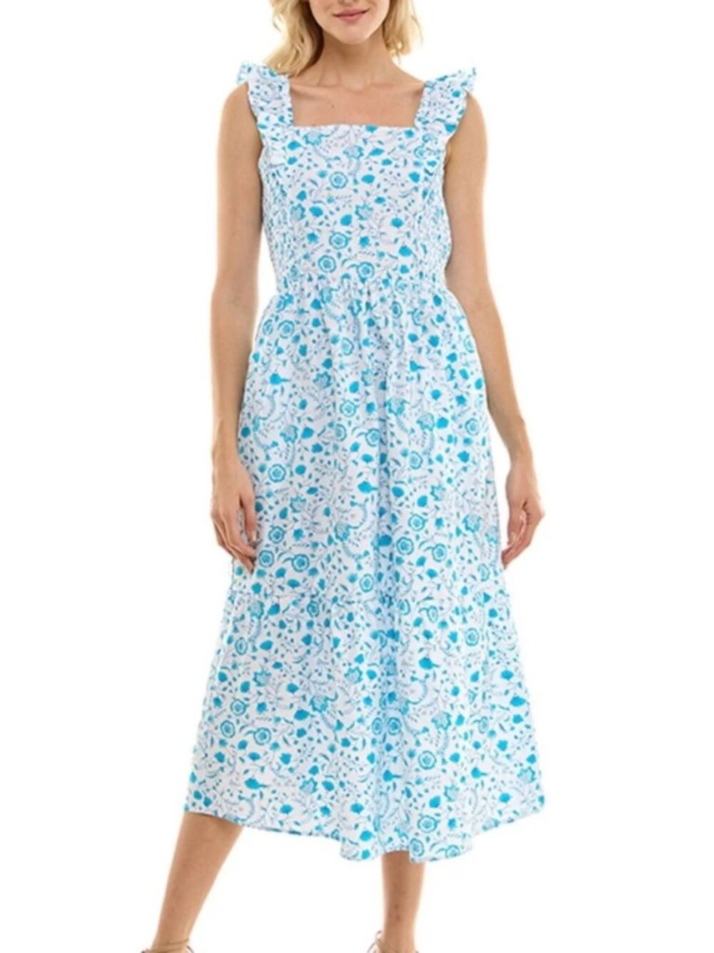 Draper James Blue White Floral Cotton Maxi Dress XXL Smocked Pockets
